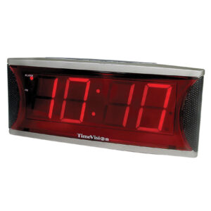 Large numbered clock with red numbers. The time shows as 10:10.