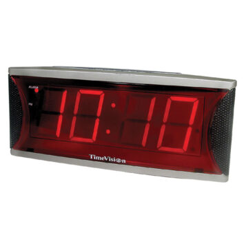 Large numbered clock with red numbers. The time shows as 10:10.