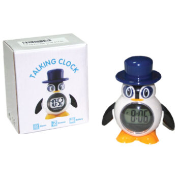 The talking penguin clock is next to its box.