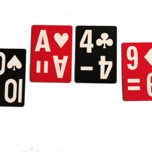 four cards are set in a row. From left to right are the ten of spades, ace of hearts, 4 of clubs and nine of diamonds. They are large print and high contrast. Clubs and spades are black. Hearts and diamonds are red.