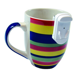 2 stage liquid level indicator on the edge of a multi-colored mug.