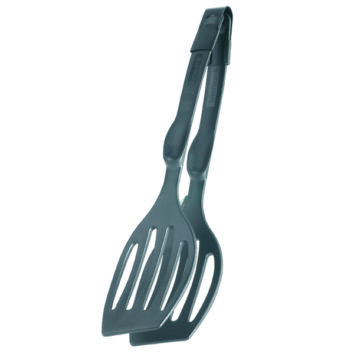 Two in one spatula and tongs at an angle.