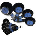 blue on black measuring cup and spoon set