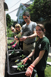 Volunteers from Walker & Dunlop plant vegetables in the Vision Forward garden boxes.