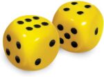 Large yellow low vision dice with black dots measuring 1 1/4 inches by 1 1/4 inches