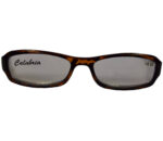 Tortoiseshell glasses from the front. A sticker on teh left lens says "Calabria"