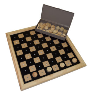 Checkers board with some pieces in it. A box of pieces is seen off to the side.