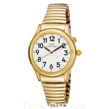 Gold talking watch with expansion band and white face.