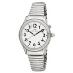 Silver watch from the front.