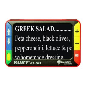 Ruby XL HD from the front. The screen displays a magnified image of a Greek salad recipe.