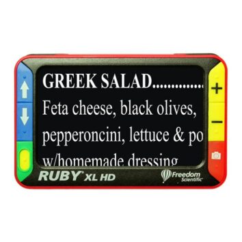 Ruby XL HD from the front. The screen displays a magnified image of a Greek salad recipe.