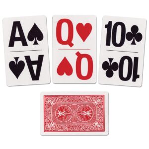 Large playing cards. Three are face up and show Ace of Spades, Queen of Hearts and 10 of Clubs. Another card is face down.