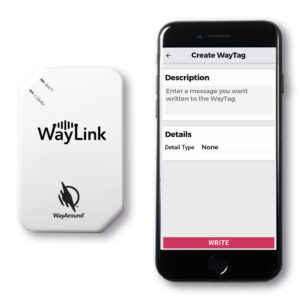 WayLink Scanner next to a smartphone with the WayAround app on the screen, seen from above.