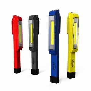 4 differently colored Larry C flashlights stood on a surface.