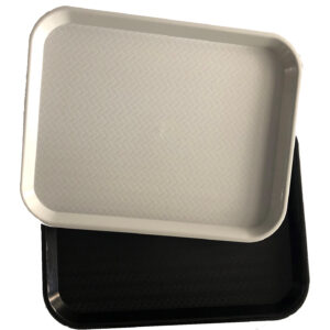 A gray tray sits on top of a black tray