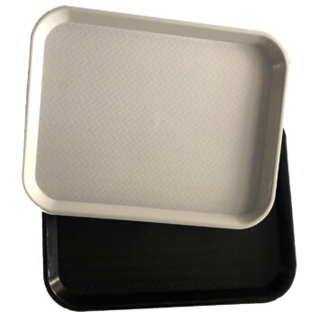 A gray tray sits on top of a black tray