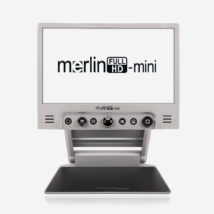 The Merlin Mini low vision magnifier shows its name on the screen