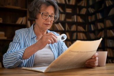 woman using a hand held magnifier to read newspaper